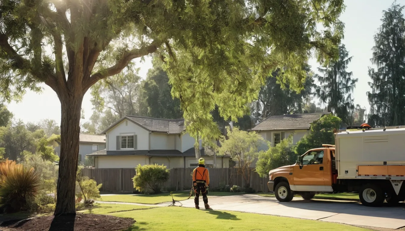 A tree provider working safely beside a large tree in a Waukegan backyard